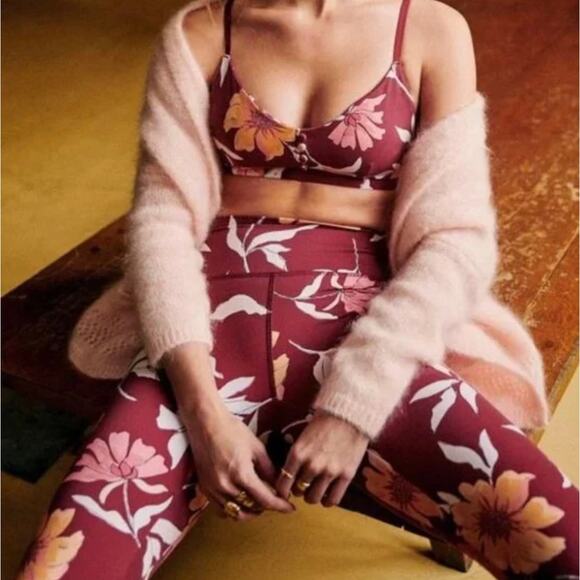 Sezane EPS Women Surya Floral Leggings Size XS 7/8 Active Stretch Dark Red - Picture 2 of 8